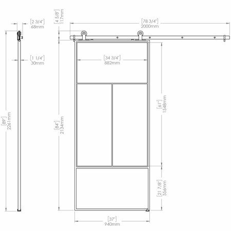 Renin Nation Frosted Glass Metal Barn Door with Installation Hardware Kit 37 in. KMCTNTF-37BL